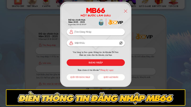 Điền thông tin đăng nhập MB66